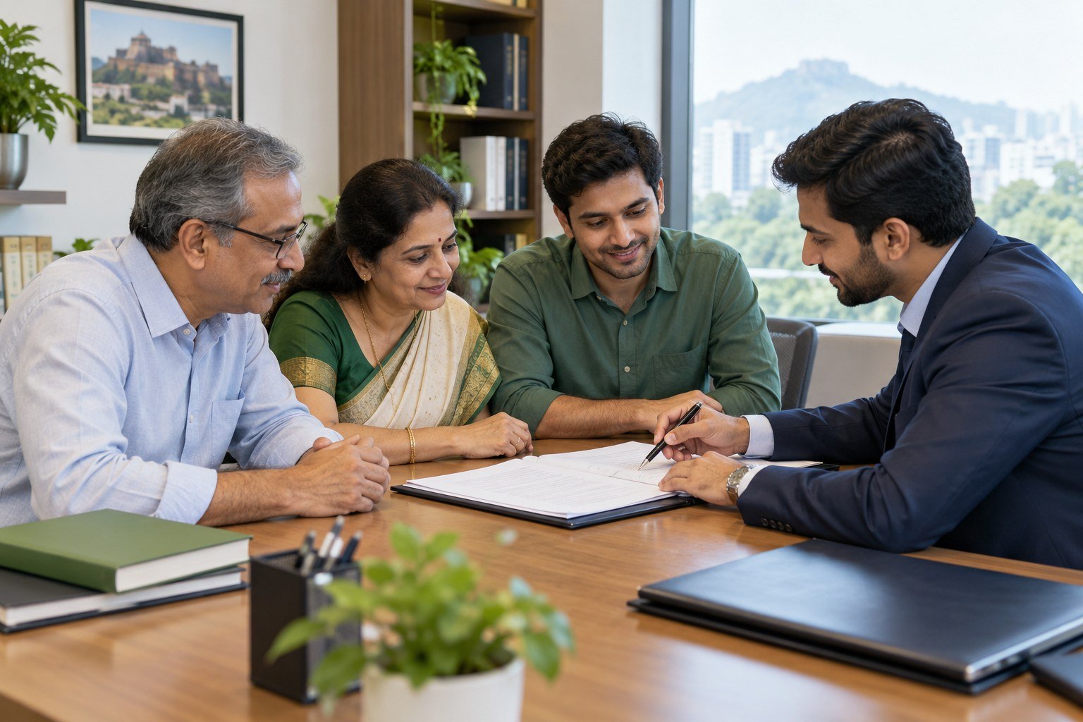 Illustrative family discussing deed documentation with an adviser