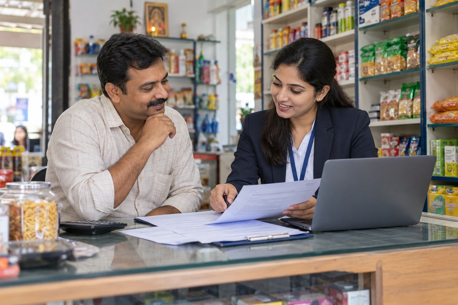 Illustrative shop owner discussing business registration paperwork