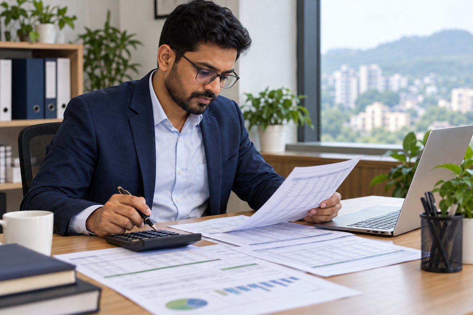 Illustrative tax professional reviewing payroll deduction records
